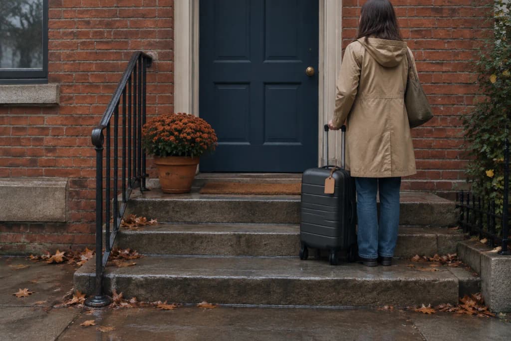 A person seen from behind on a wet brick stoop, one hand on a suitcase handle, facing a closed navy front door.