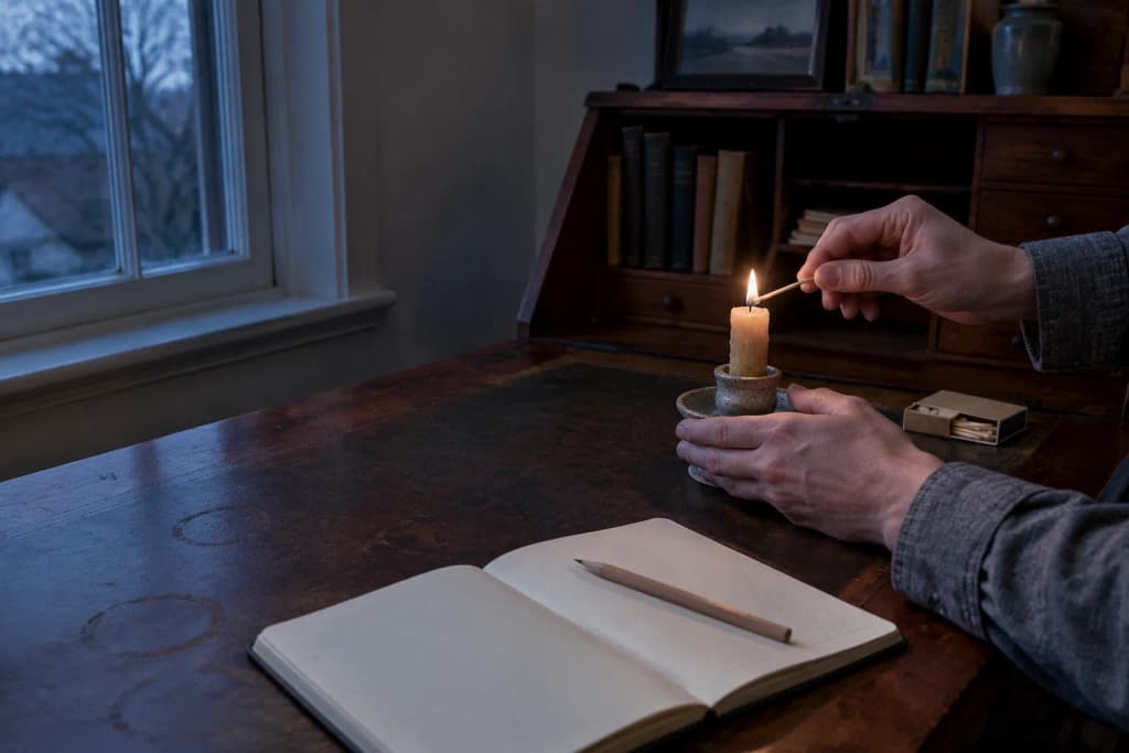 Two hands hold a lit match to a beeswax candle on a cherry desk beside an open blank notebook at dusk.