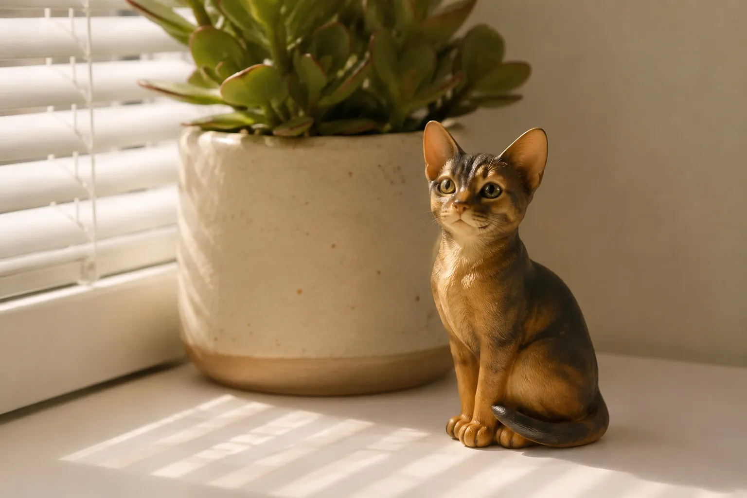 Abyssinian cat figurine sitting alert with large ears and ticked coat