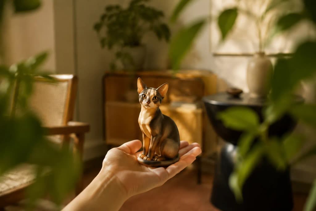 Abyssinian cat figurine sitting alert with large ears and ticked coat — in-article view