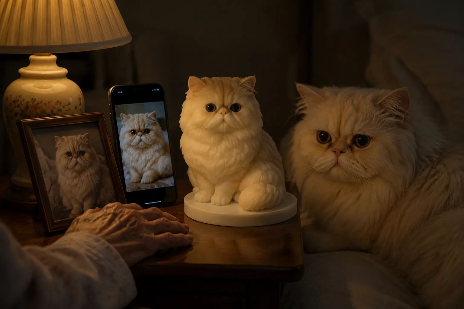 An elderly hand near a phone showing a Persian cat photo beside a glowing resin Persian figurine at night