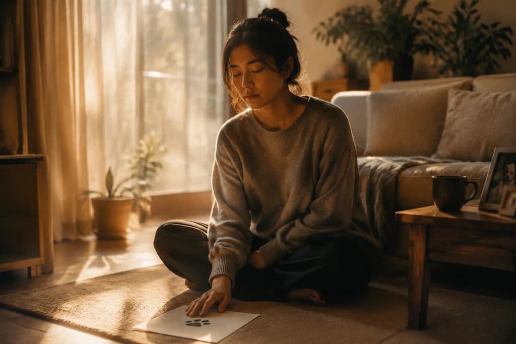 Person sitting peacefully on a living room floor with hand resting on an ink paw print in warm afternoon light