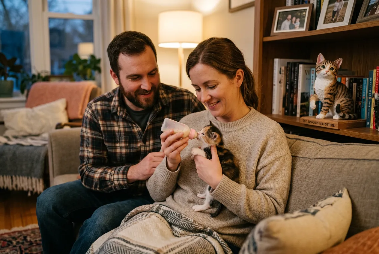 Rescue kitten being bottle-fed with a full-color 3D printed resin kitten figurine on a nearby shelf