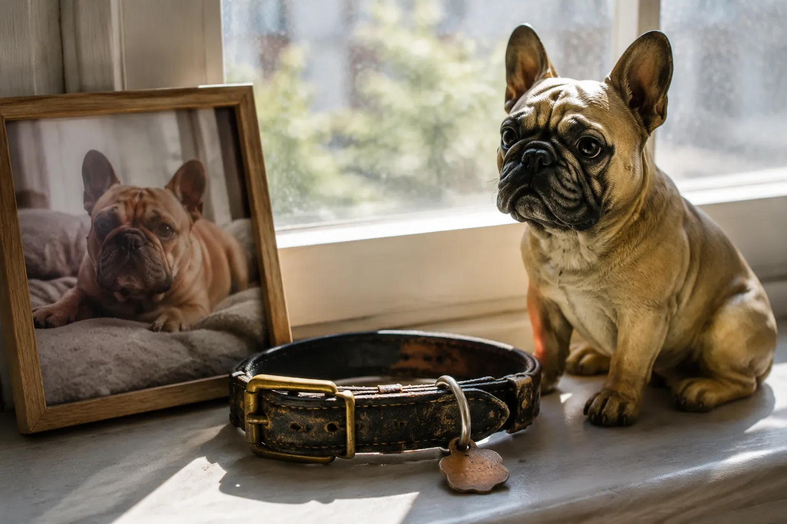 Worn French Bulldog collar on windowsill in morning light with full-color 3D printed resin Frenchie figurine and framed photo nearby