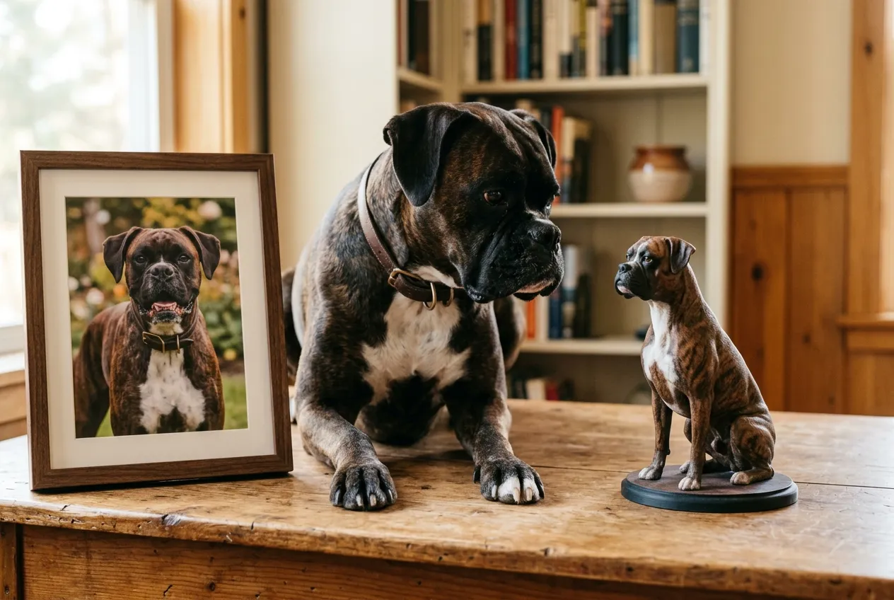 Side-by-side comparison of a framed Boxer photo and a full-color 3D printed resin Boxer figurine with a real Boxer looking on