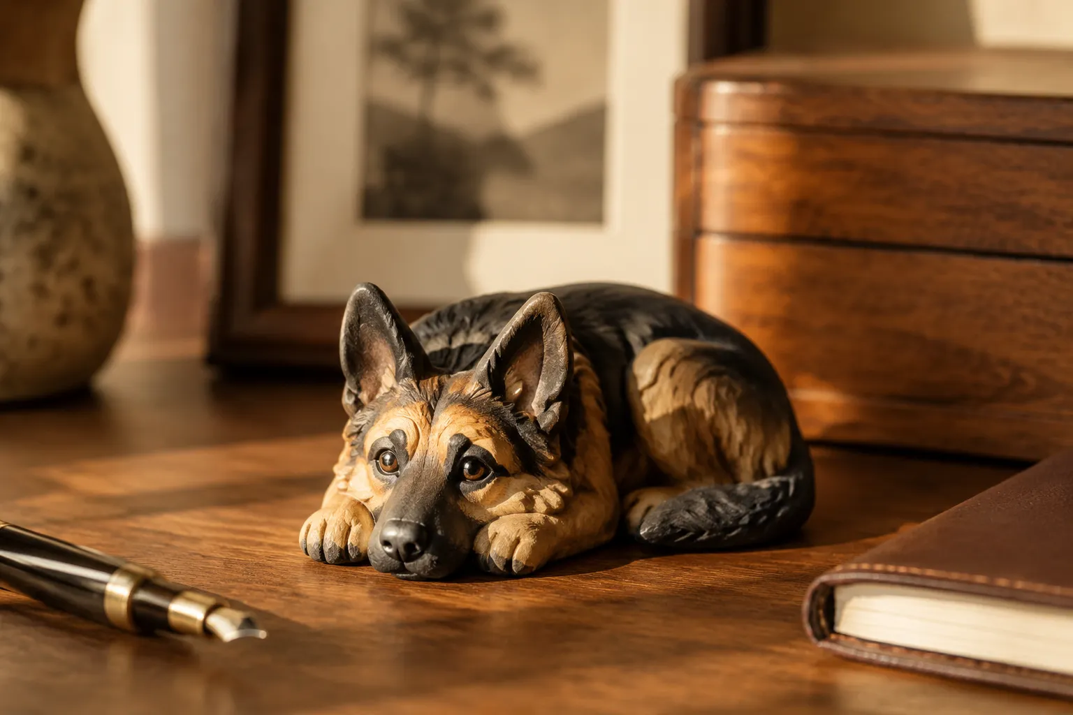German Shepherd figurine lying with head resting on its paws