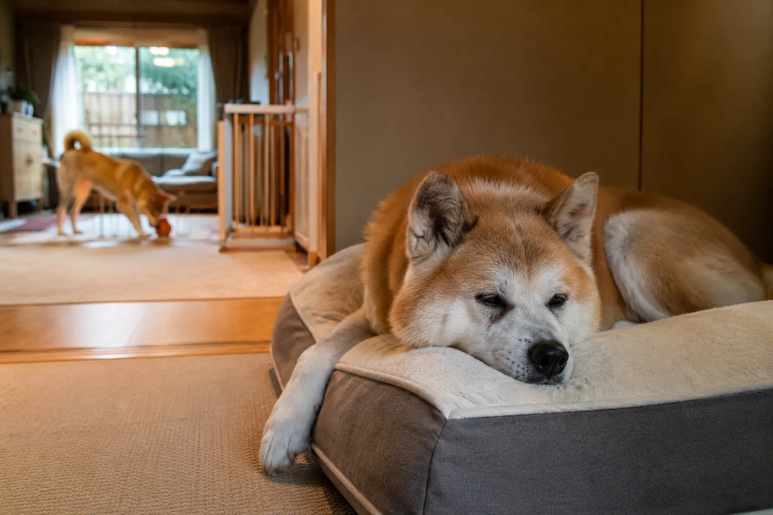 Senior Akita resting on orthopedic bed in quiet zone while younger dog plays at respectful distance in multi-dog household