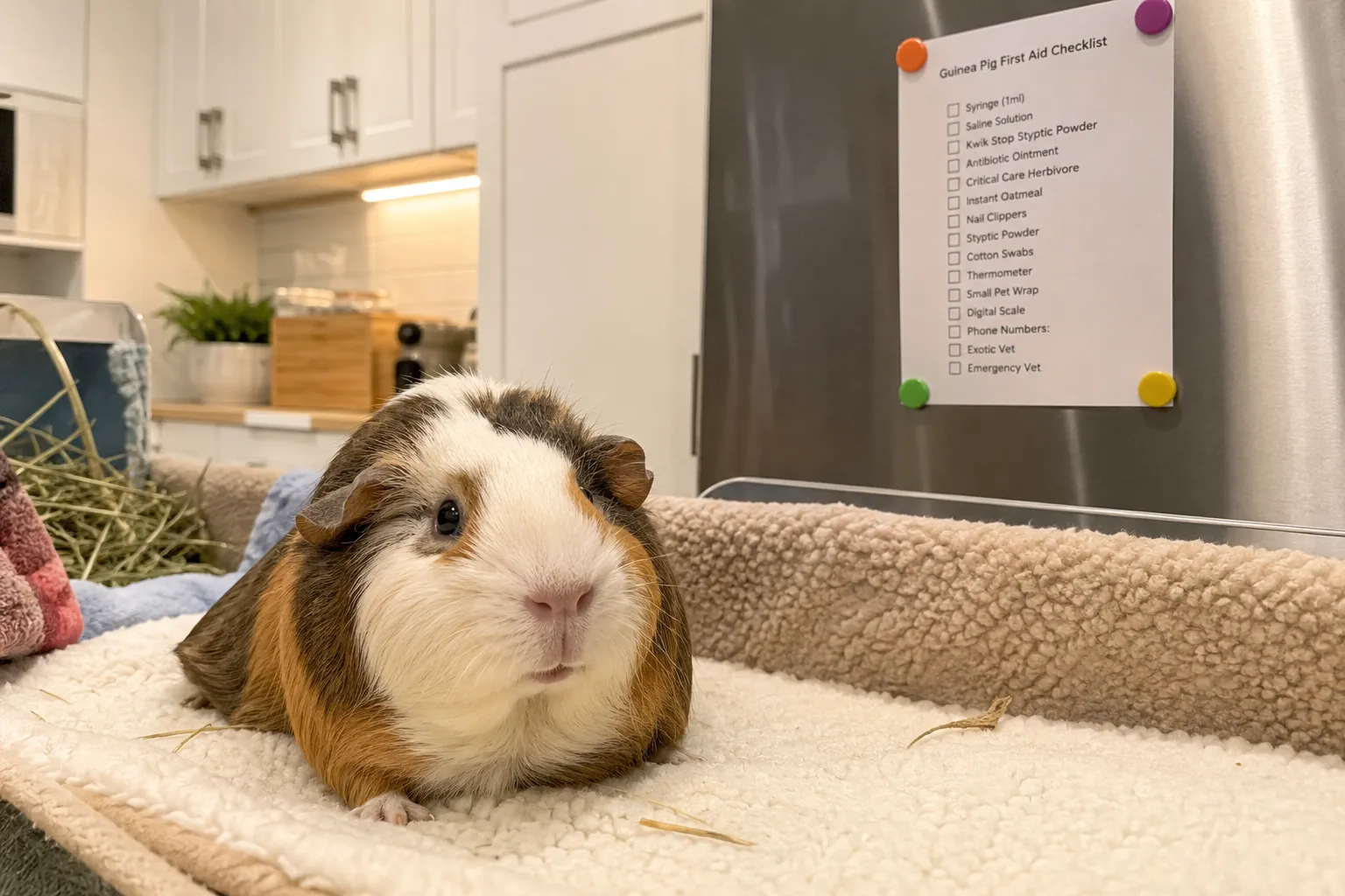 Senior guinea pig resting in a fleece-lined enclosure with a printed first aid checklist posted on the fridge in the background