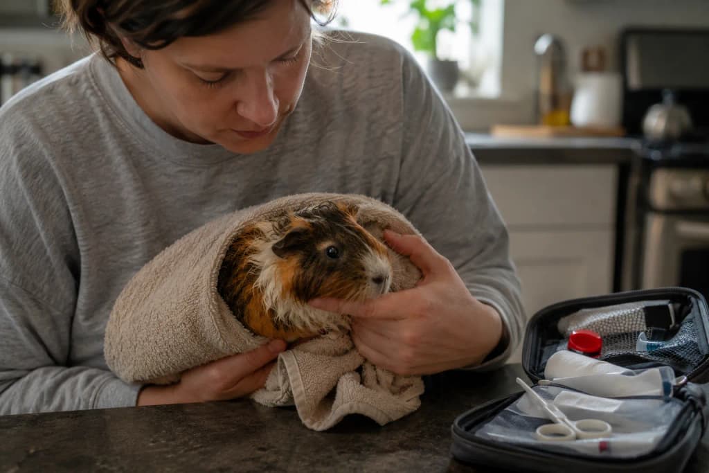 Hands gently holding an older guinea pig in a soft towel while checking its condition near an open pet first aid kit
