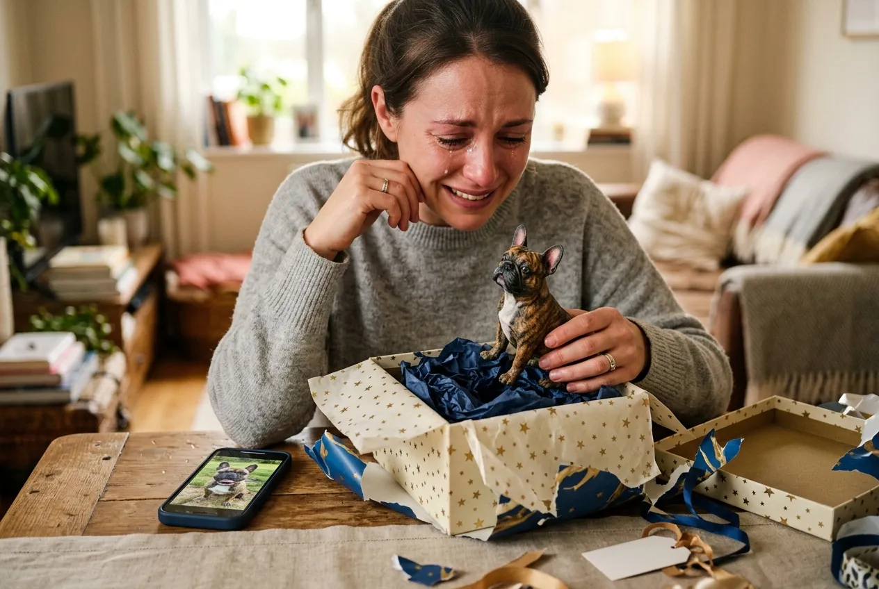 Hands opening a gift box revealing a full-color 3D printed resin figurine of a French Bulldog with a phone photo for comparison