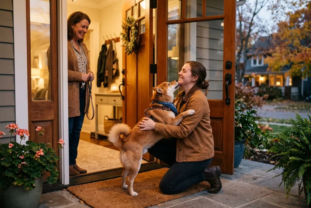 Pet sitter hugging a happy Shiba Inu at a doorway while the owner watches with gratitude