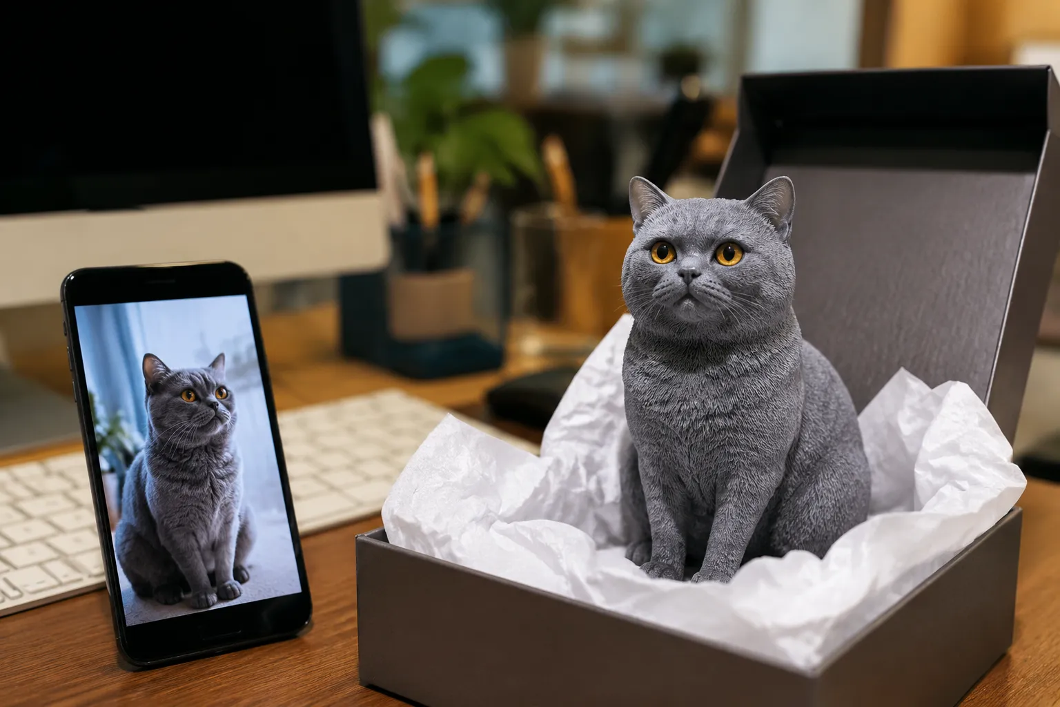 Full-color 3D printed resin British Shorthair figurine in a gift box on an office desk with a phone showing the real cat