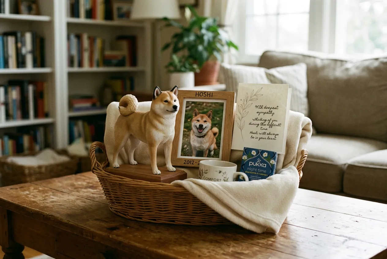 Shiba Inu 3D figurine in sympathy gift basket with tea, blanket, and photo of friend's real dog
