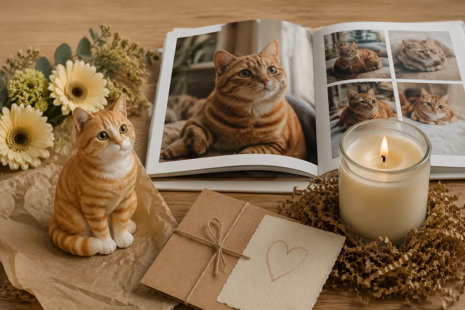 Curated gift arrangement with full-color 3D printed resin Tabby cat figurine, photo book, candle, and note on warm wooden surface