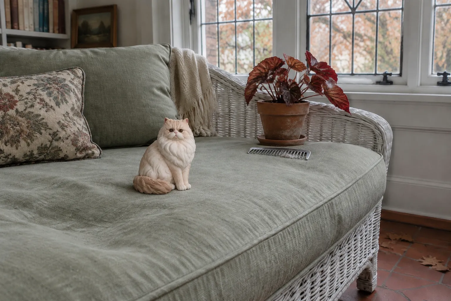 Cream Persian cat figurine in a loaf pose on a sage linen settee cushion in a sunroom, a steel comb beside it