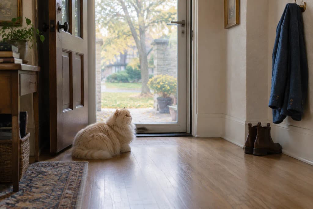 A cream Persian cat lies in a loaf on an oak hallway floor, looking up, lit by soft daylight from a glass door