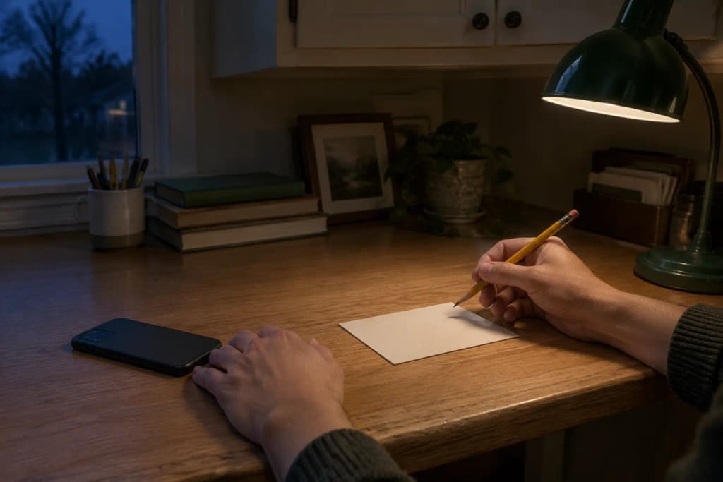 Hands hold a pencil above a blank index card on an oak desk beside a face-down phone, lit by a desk lamp at dusk
