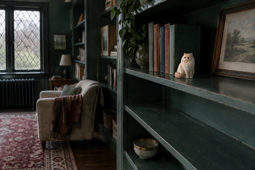 A den with green-painted built-in shelves, a cream Persian cat figurine on a middle shelf, rain on the far window