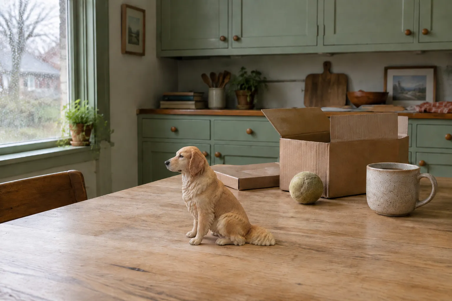 Golden Retriever figurine on a hickory kitchen table beside an opened box of kraft tissue, a worn tennis ball and a mug