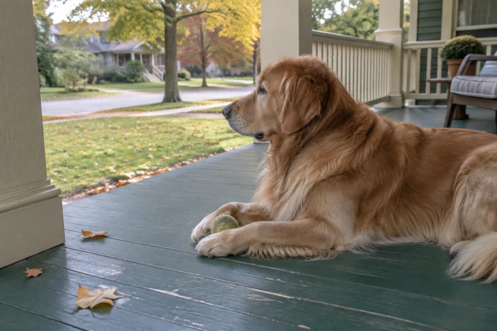 A Golden Retriever lies on a green-painted front porch with a bald, faded tennis ball resting between his front paws