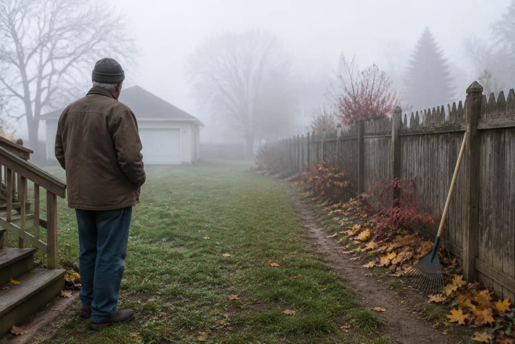 A man in a brown barn coat, seen from behind in a foggy backyard, holds a rake by a worn path along the fence