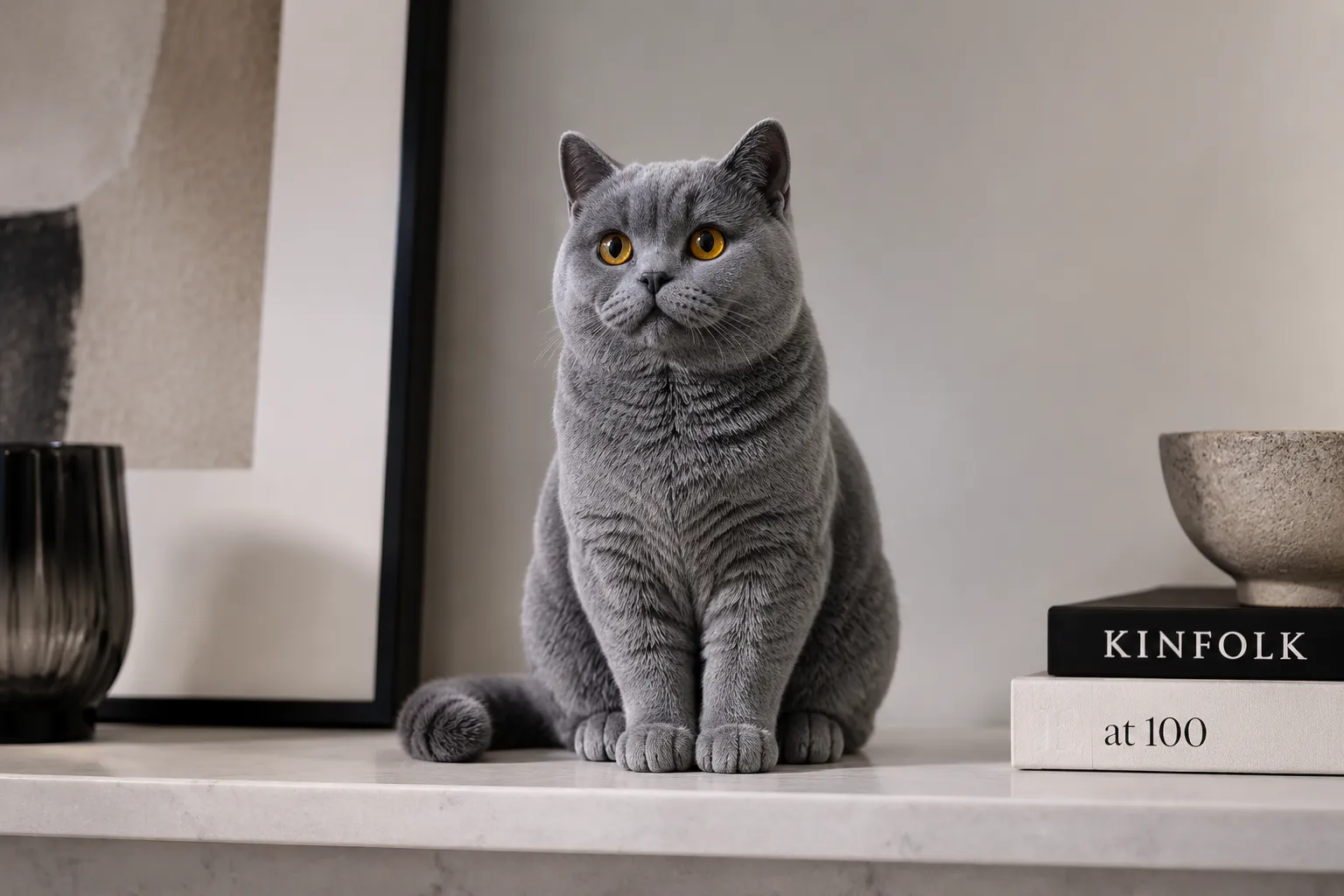 Full-color resin figurine of a British Shorthair as a statement piece on a minimalist mantel