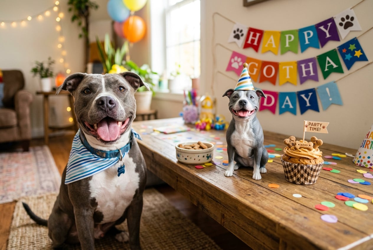 Full-color 3D printed resin figurine of a Pitbull with a party hat beside a dog cupcake and Gotcha Day banner with a real Pitbull nearby
