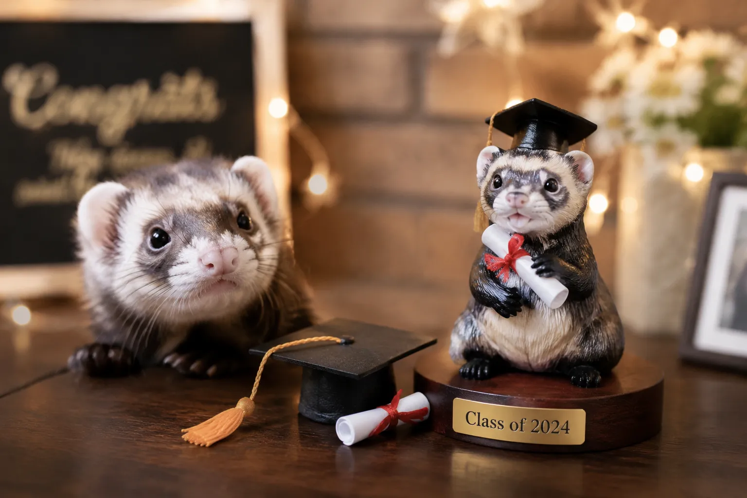 A curious Ferret peeking near its full-color resin figurine beside a small graduation cap on a festive table