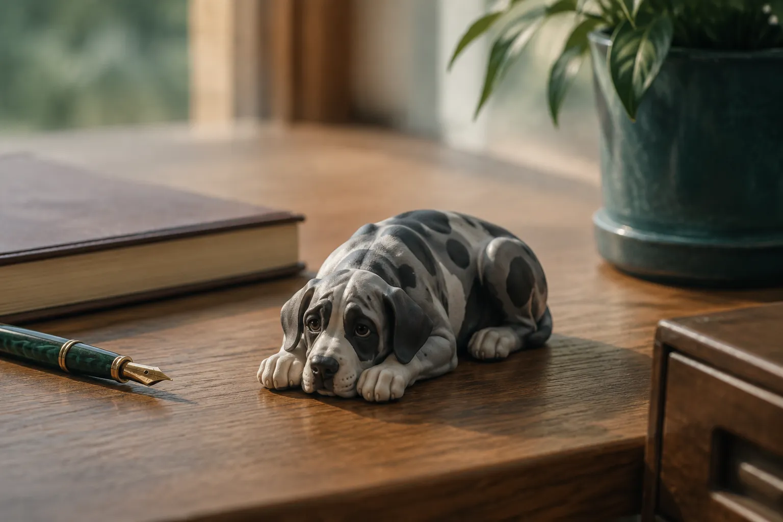 Full-color resin figurine of a Great Dane lying with head resting between extended paws