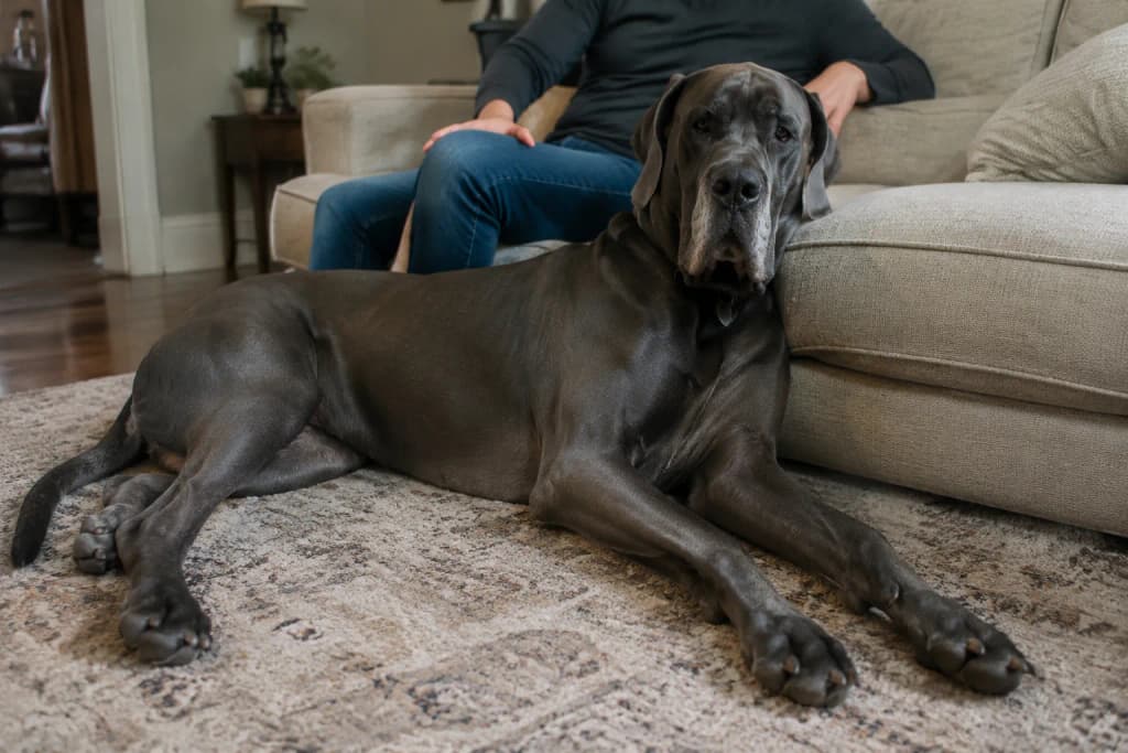 A large Great Dane lying across a living room rug beside its seated owner, dwarfing a nearby couch cushion