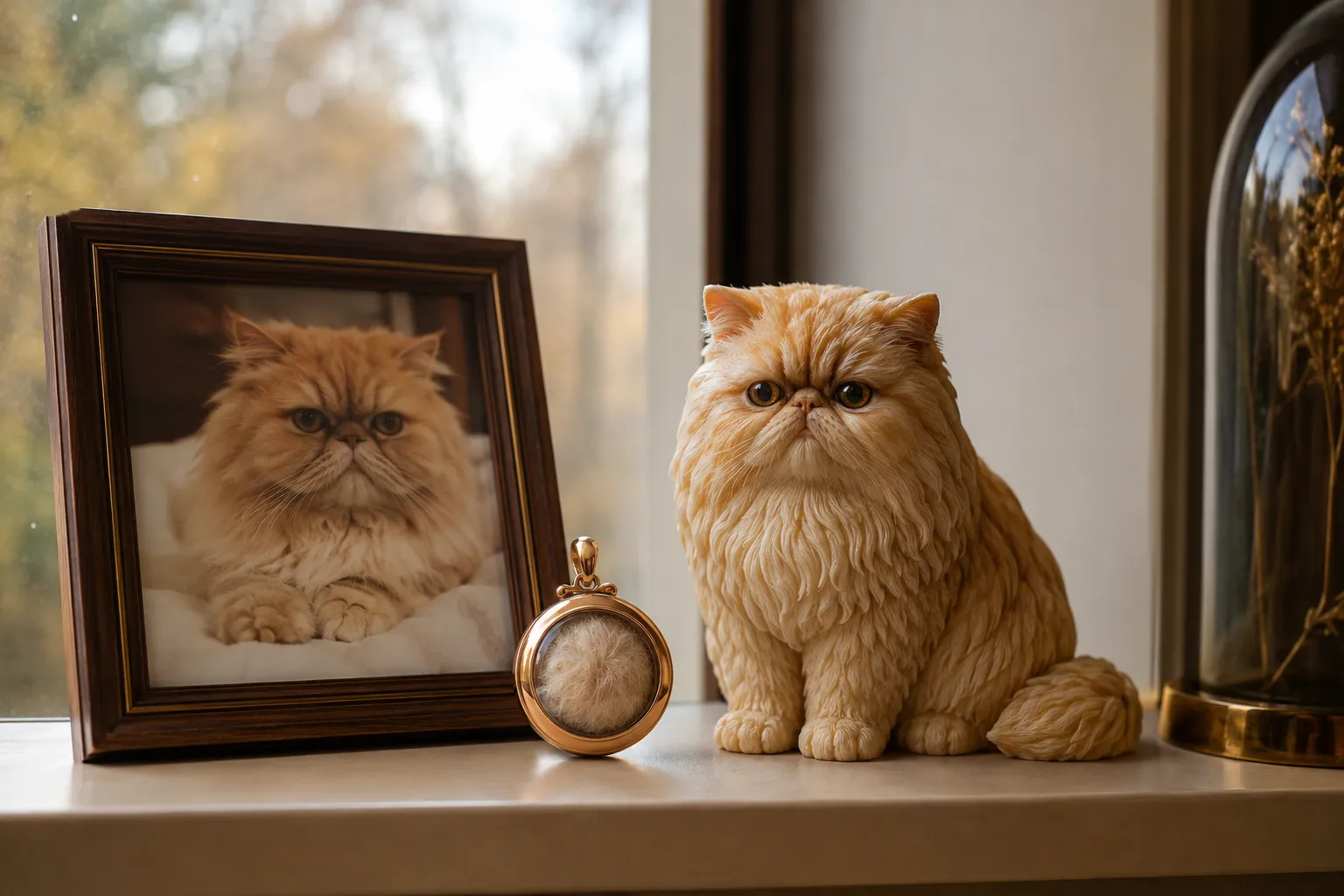 A fur-clipping locket and a fluffy Persian cat's full-color resin figurine on a soft-lit shelf by a window