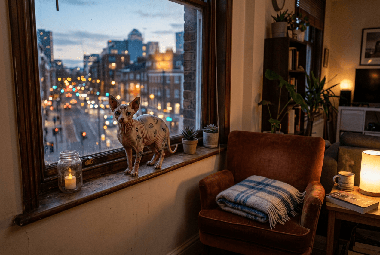 Full-color 3D printed resin Sphynx cat figurine on a studio apartment windowsill at dusk with city lights