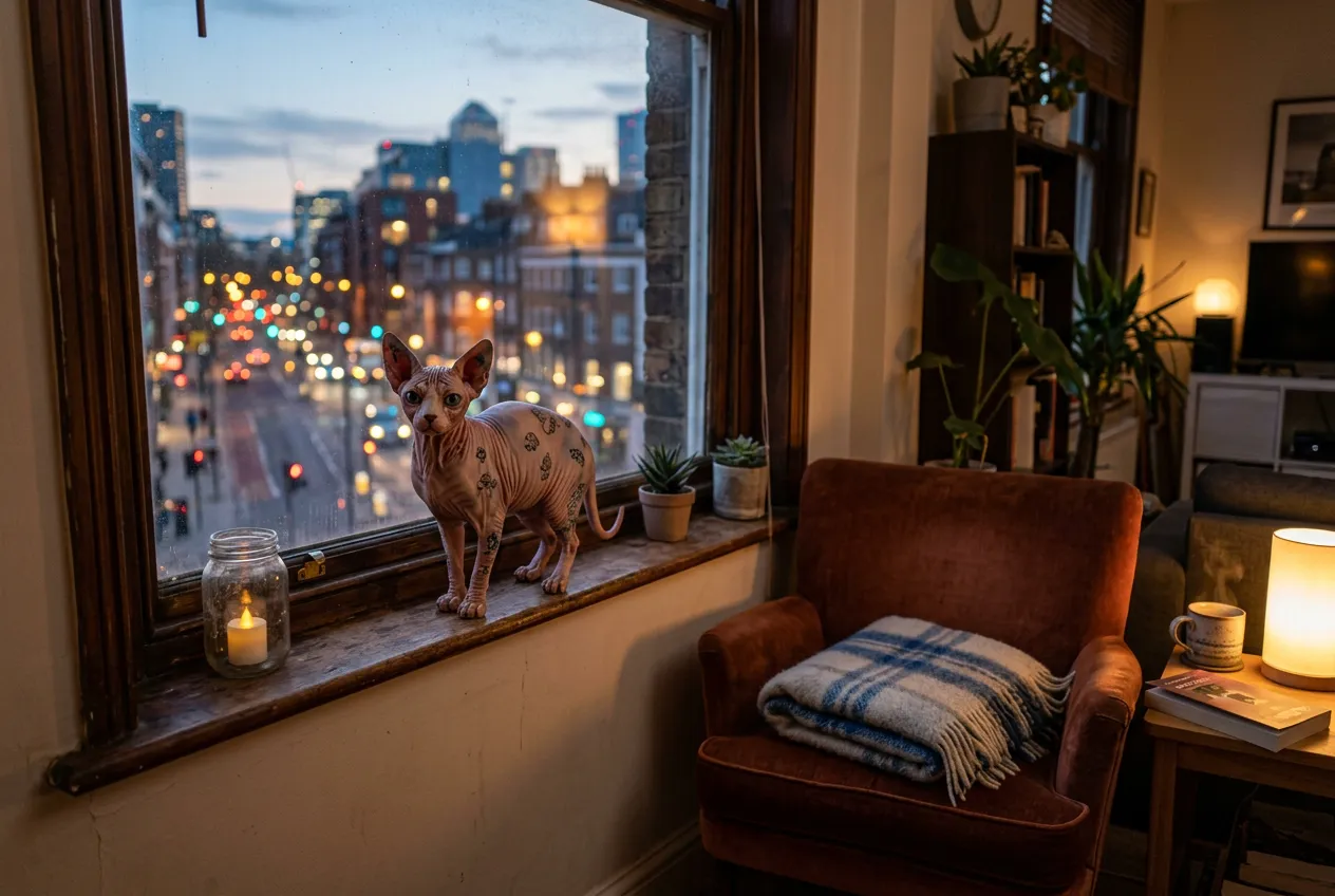Full-color 3D printed resin Sphynx cat figurine on a studio apartment windowsill at dusk with city lights