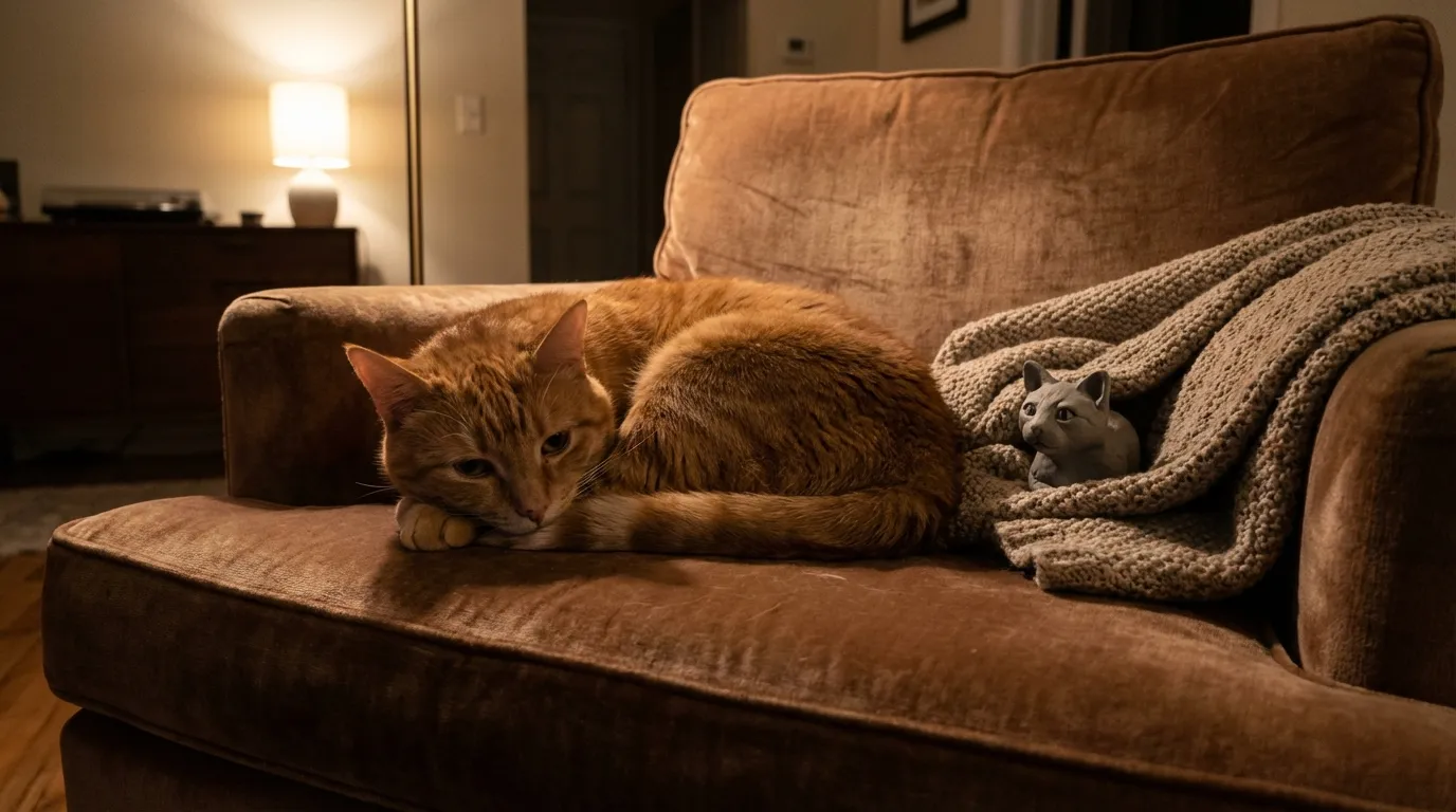 A real cat sleeping next to a figurine of its deceased littermate.