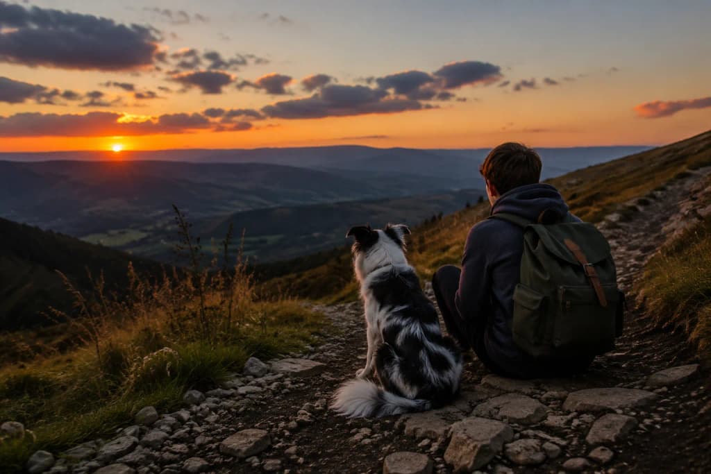 A teenager pausing on a dusk trail to gaze at the horizon while remembering a beloved Border Collie — another moment