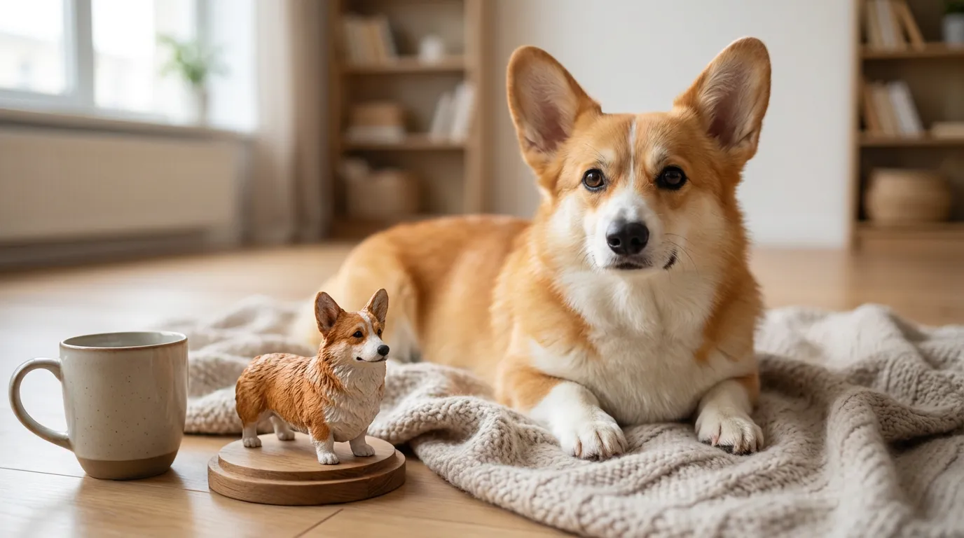 A Corgi sitting on a rug with a small custom figurine of itself on a coffee table nearby.