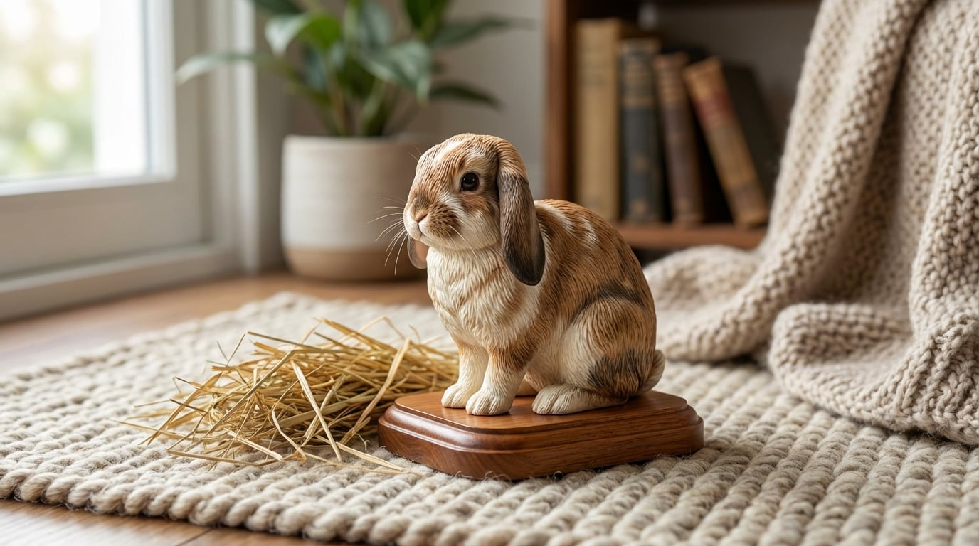 Custom Holland Lop rabbit figurine displayed on a rug, symbolizing small pet grief.