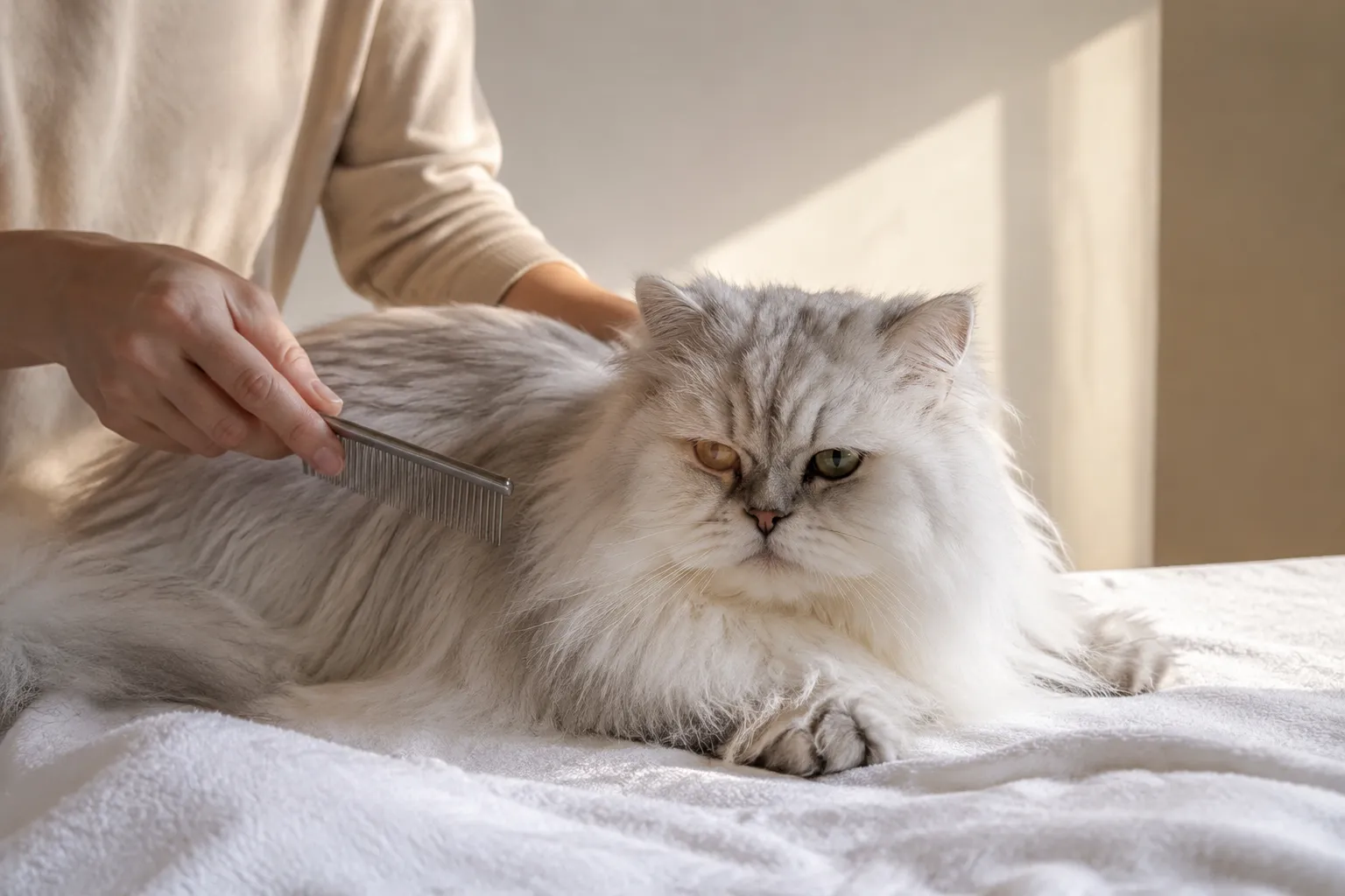 Senior Persian cat being gently brushed on a soft towel in a calm, minimalist room