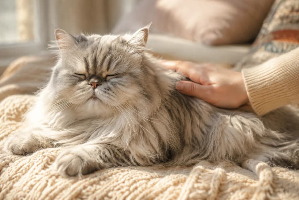 Older Persian cat resting on a knitted blanket while a hand softly strokes its long silver coat