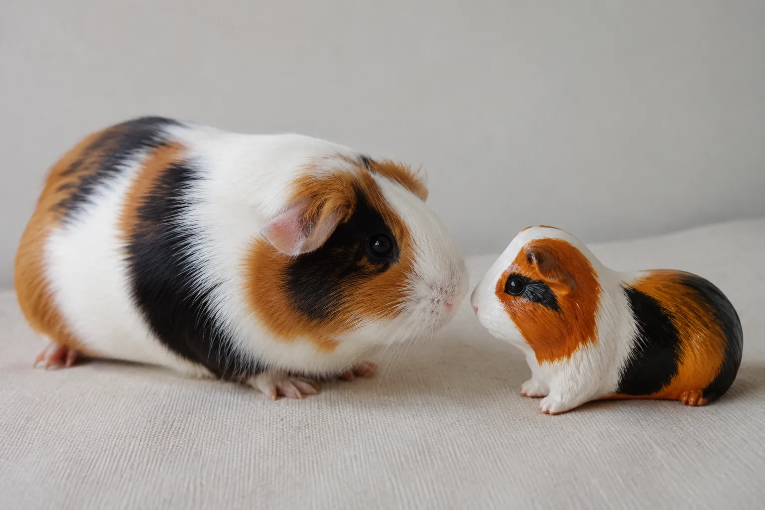 Patterned guinea pig facing its matching full-color resin figurine on pale linen in soft light