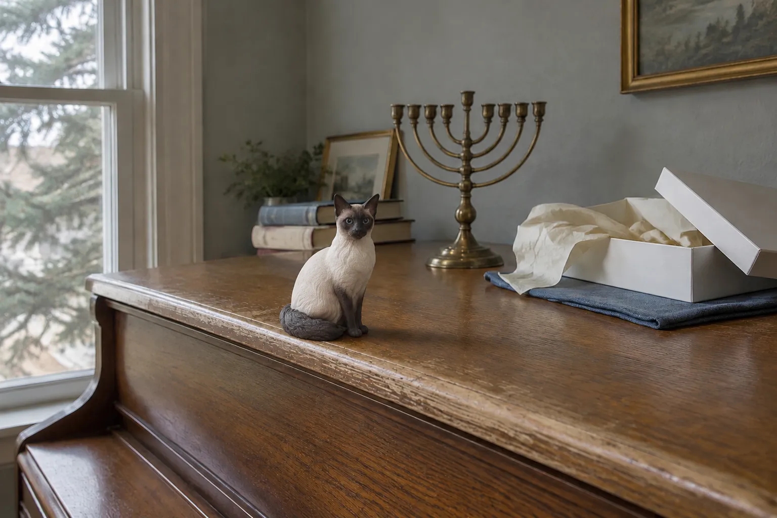 A Siamese cat figurine stands on an oak piano lid beside an unlit brass menorah and an opened white gift box.
