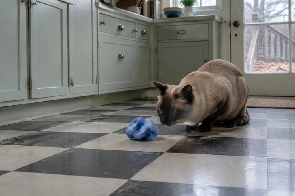 A seal point Siamese cat crouches on a checkered kitchen floor, sniffing a ball of blue tissue paper beside a felt mouse.