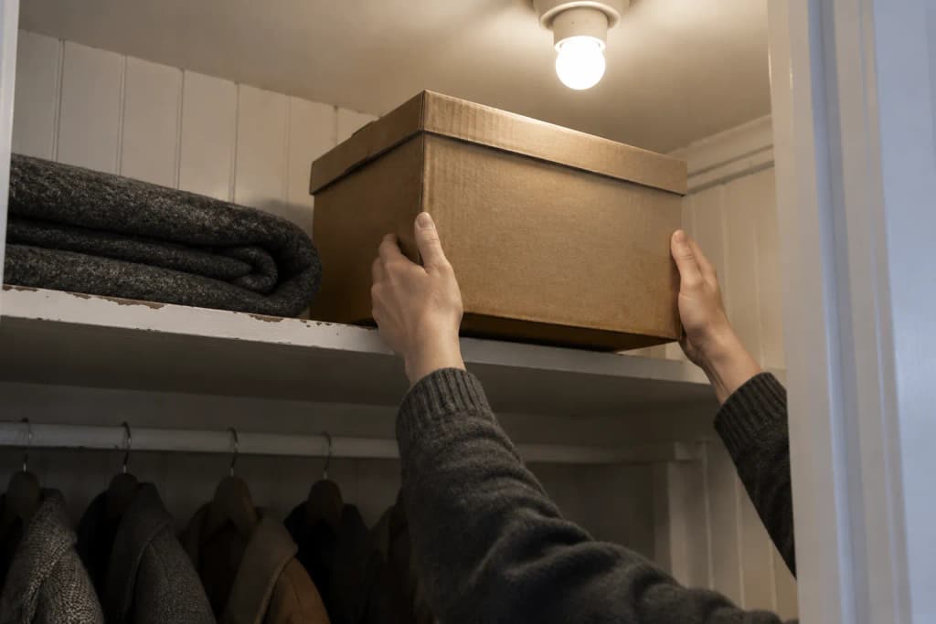 Two hands in a charcoal wool sweater lift a plain corrugated storage box down from a high white shelf in a hall closet.