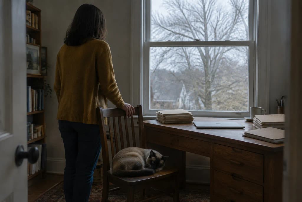 A person stands by a covered oak desk at a grey window while a seal point Siamese cat sleeps curled on the desk chair.