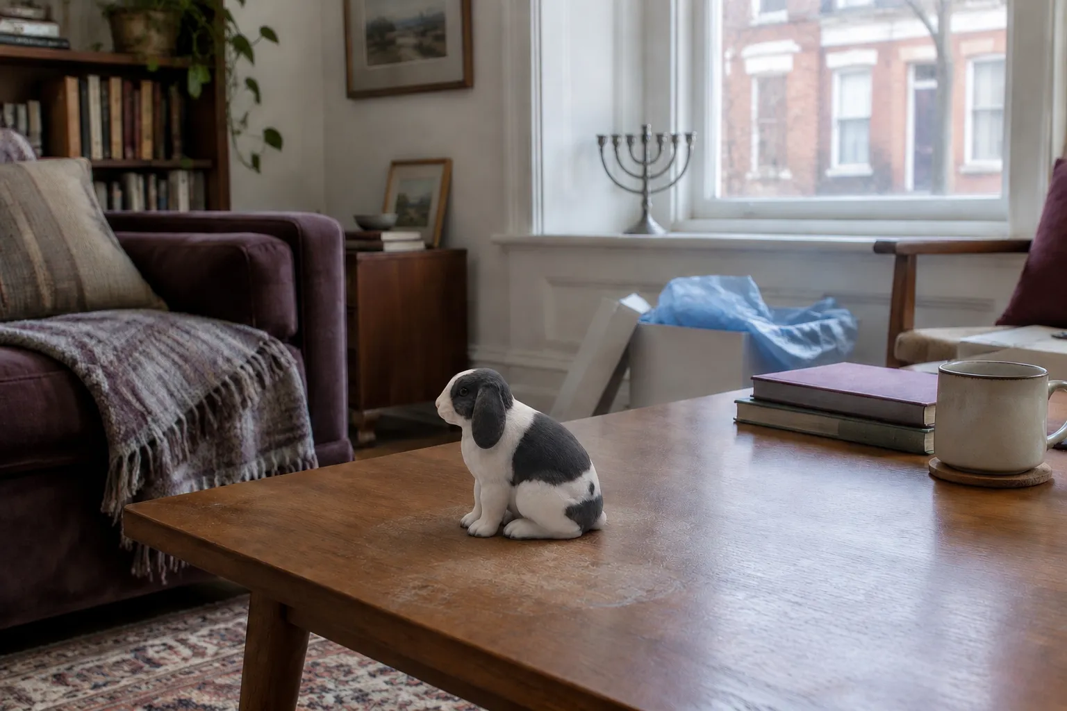American Fuzzy Lop rabbit figurine in fawn and white on a teak coffee table beside an open gift box and blue tissue