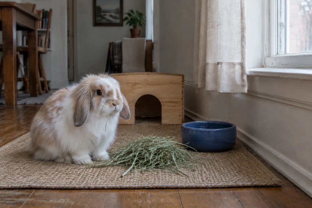 A young American Fuzzy Lop rabbit, white with fawn patches, chews hay on a seagrass mat below a curtained window