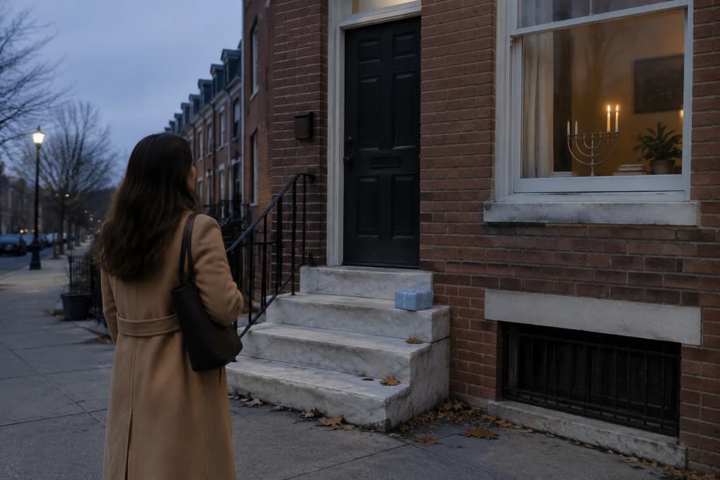 A woman seen from behind holds a wrapped box at the marble steps of a brick rowhouse, a menorah lit in the window