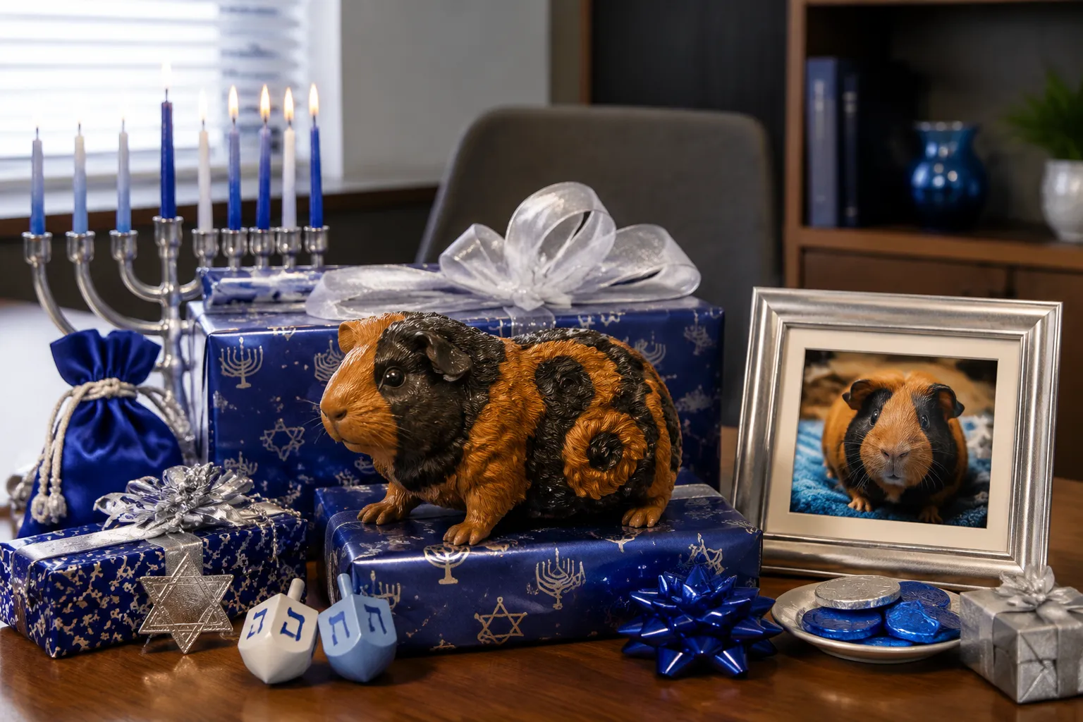 Hanukkah gift display with full-color 3D printed resin guinea pig figurine among blue and silver wrapped gifts on office desk