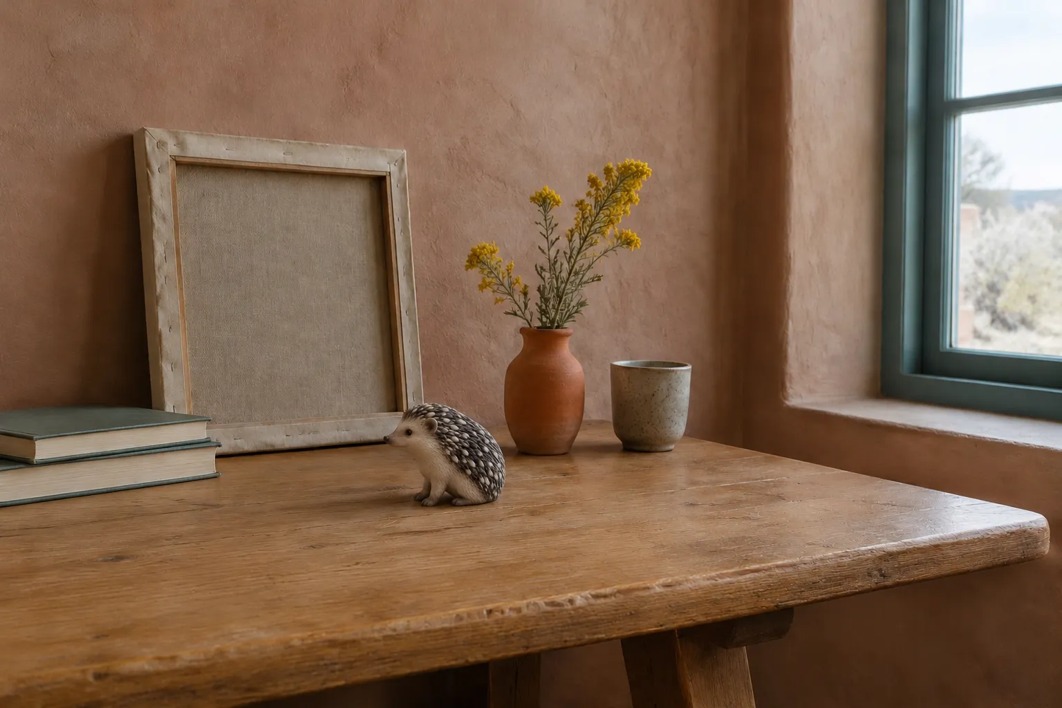 Salt and pepper African pygmy hedgehog figurine on a pine table beside the back of a stretched canvas