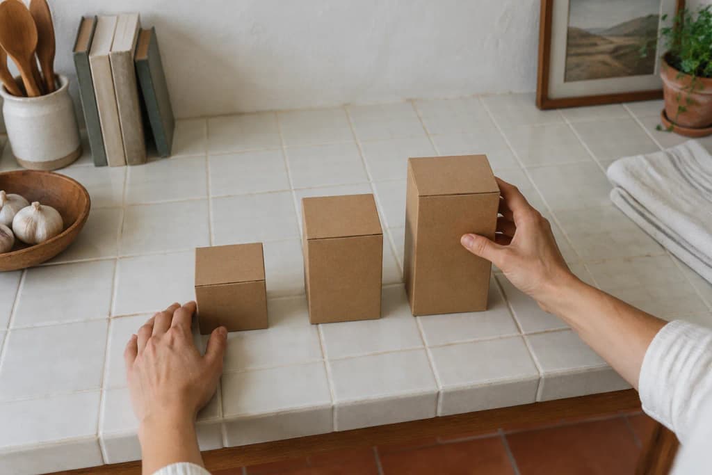 Two hands lining up three plain kraft-paper boxes of rising height on a white-tiled kitchen counter